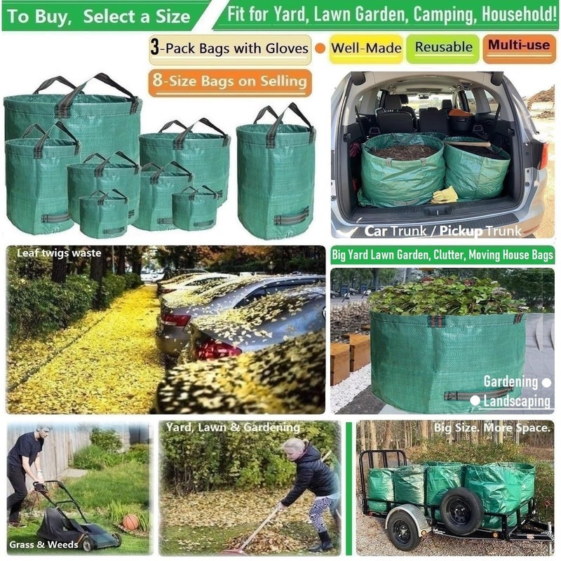 Tespher Professional 3-Pack 106 Gallon Large Lawn Garden Bags (D31,H31 in) Yard Waste Bags W/Gardening Gloves for Leaf Bag,Yard Debris,Lawn Weeds,Plant Cuttings,Garden Trimmings,Grass Clippings Bag 4 Handles - Image 2